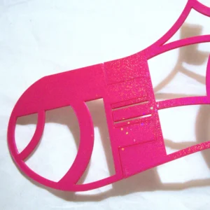Pinkki sukkaplokkerikärki takapuolelta. Pinnassa näkyy glitteriä ja tähtiä